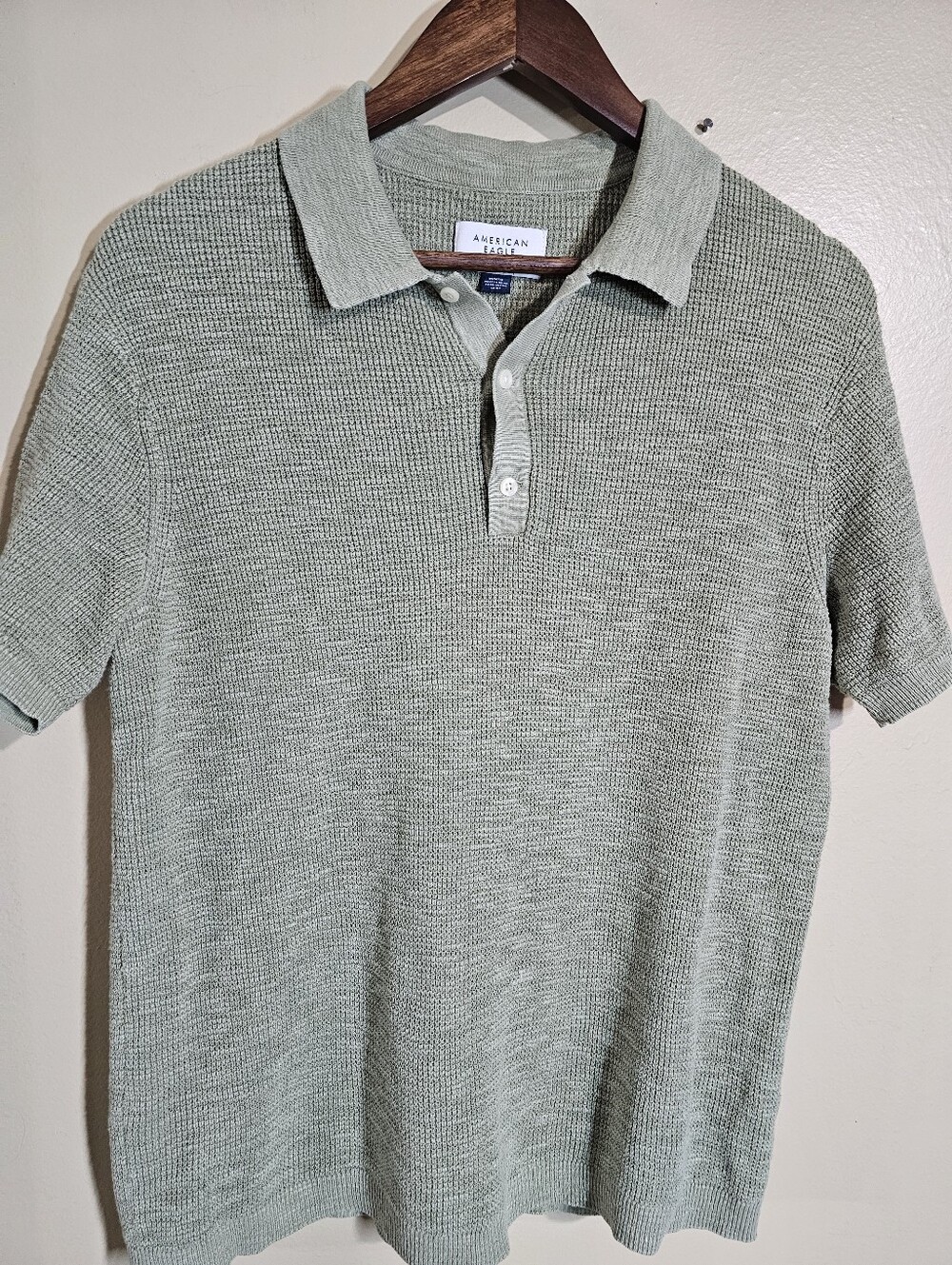 American Eagle Sage Green Textured Knit Polo Top Short Sleeve Women's M